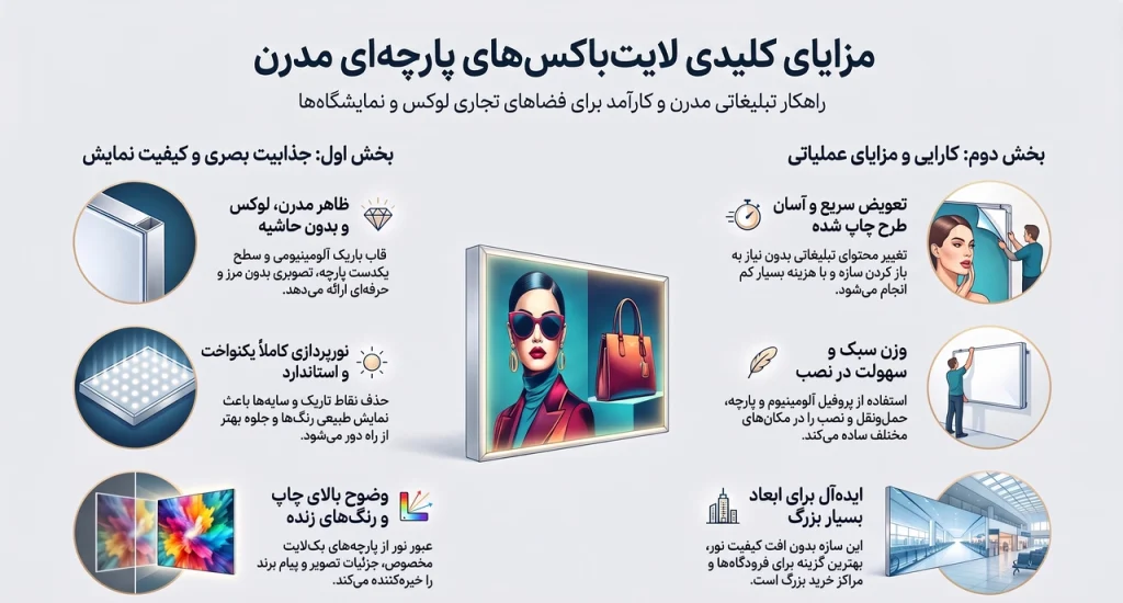 مهم‌ترین مزایای تابلو لایت باکس پارچه‌ای